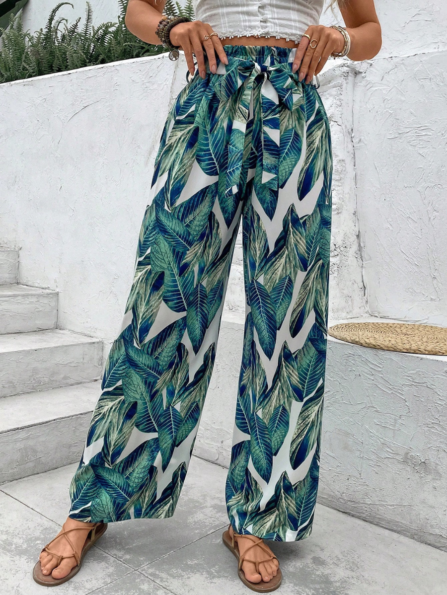 Pantalón De Cintura Alta Con Estampado De Hojas
