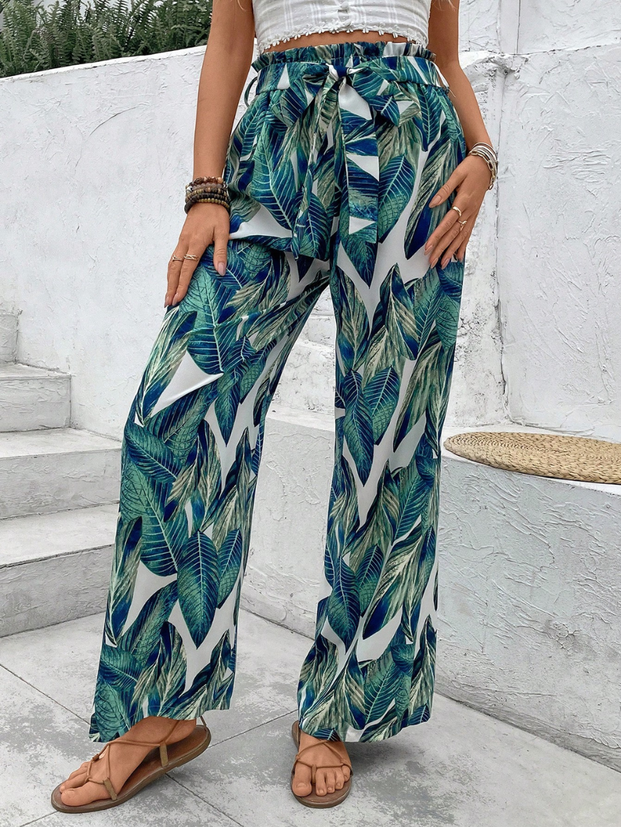 Pantalón De Cintura Alta Con Estampado De Hojas