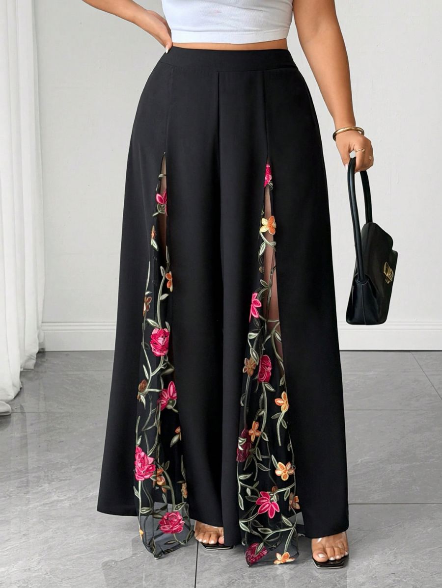 Pantalón Holgado Con Bordado Floral Plus Size Pantalon Plus Size 12 ZAPRINI 0XL 