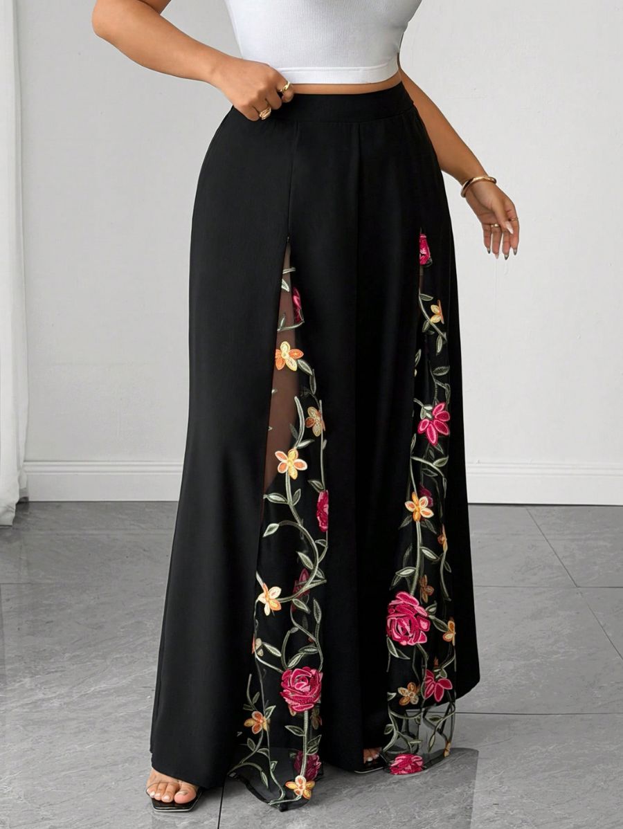 Pantalón Holgado Con Bordado Floral Plus Size Pantalon Plus Size 12 ZAPRINI 