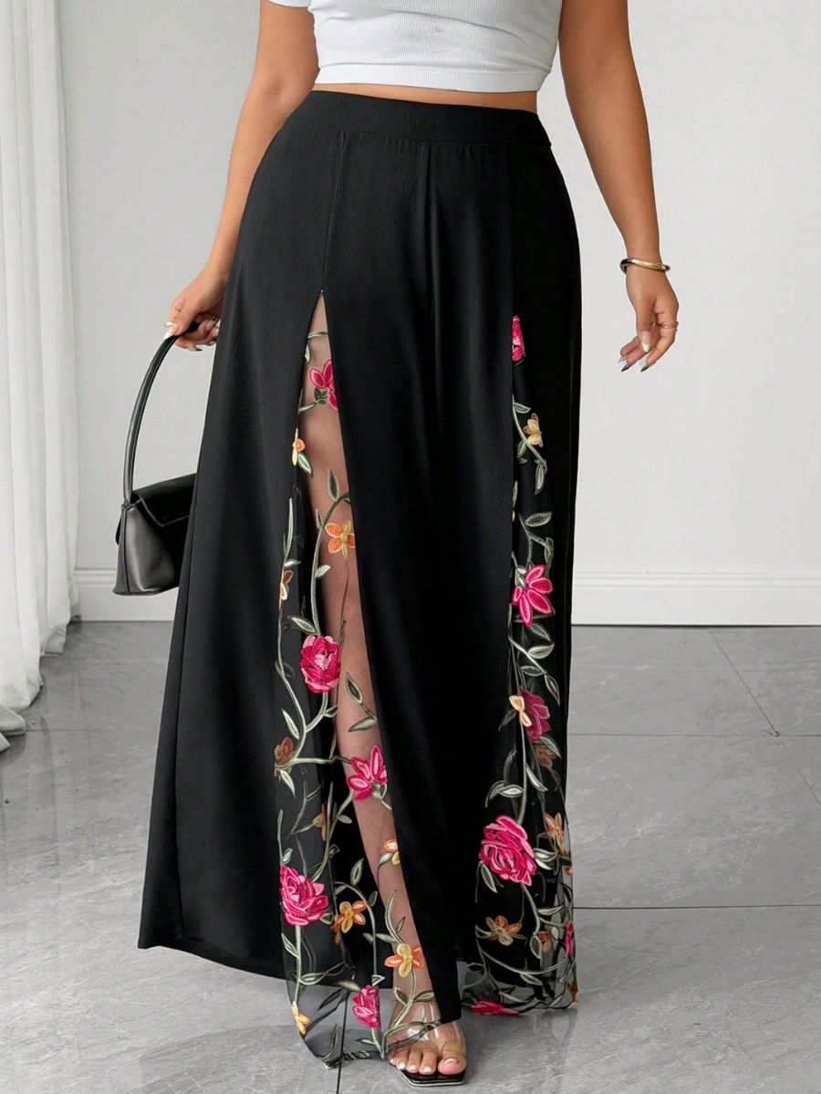 Pantalón Holgado Con Bordado Floral Plus Size Pantalon Plus Size 12 ZAPRINI 