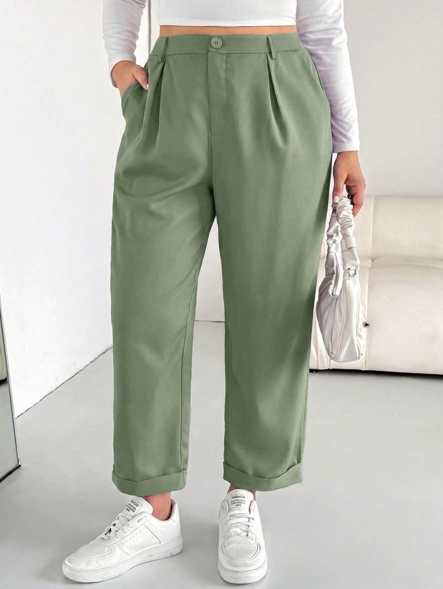 Pantalón Liso Con Cintura Elástica Plus Size Pantalon Plus Size 02 ZAPRINI Verde 0XL 