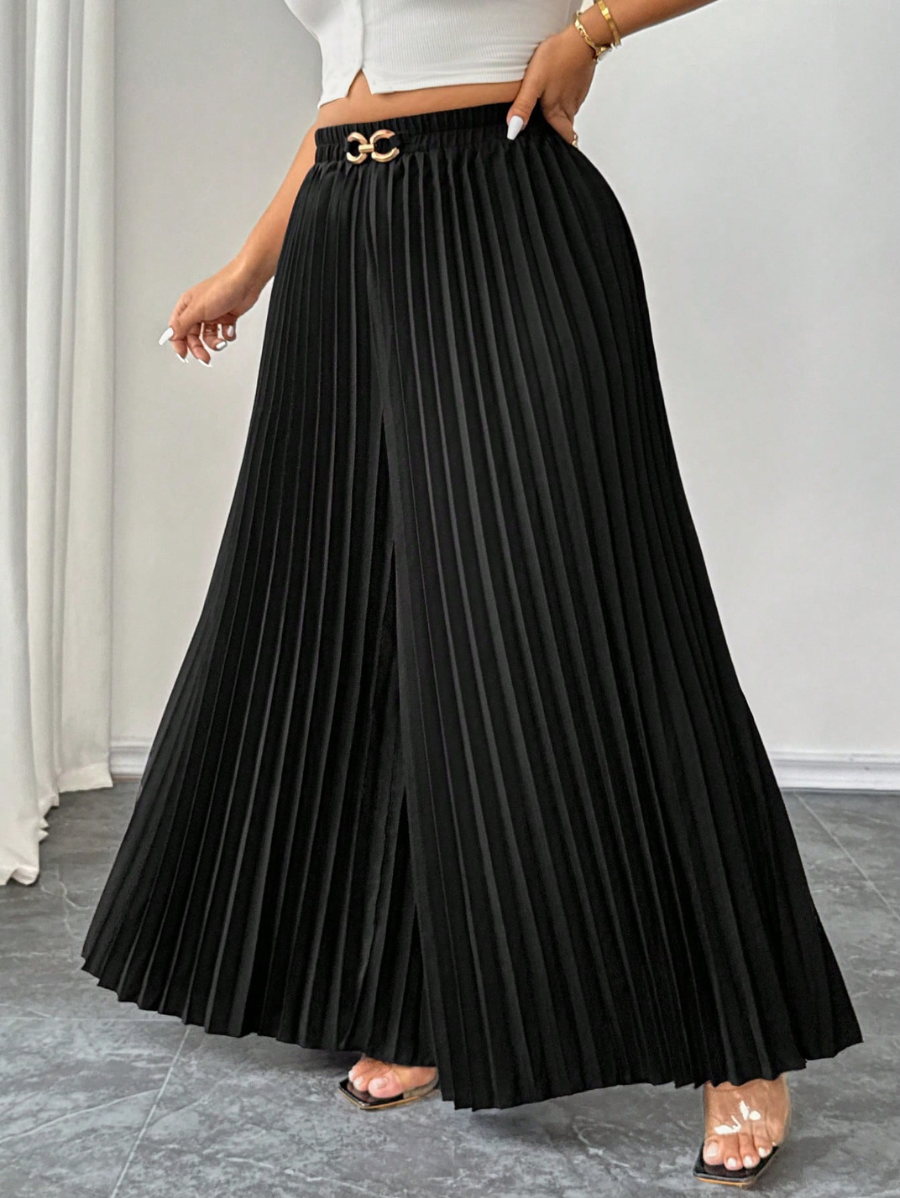 Pantalón Plisado Con Detalle Dorado Plus Size
