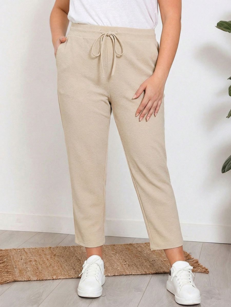Pantalón Unicolor Con Ajuste En Cintura Plus Size Pantalon Plus Size 10 ZAPRINI Beige 0XL 