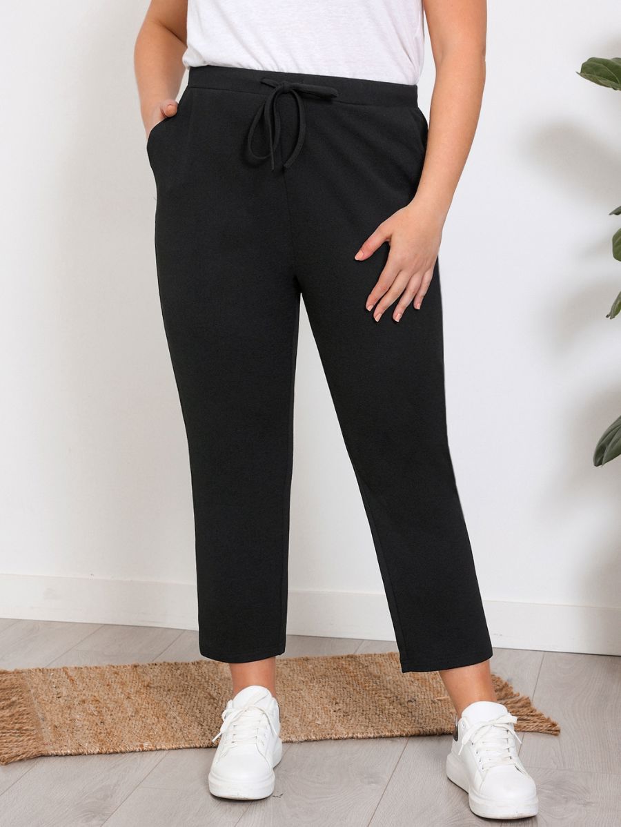 Pantalón Unicolor Con Ajuste En Cintura Plus Size Pantalon Plus Size 10 ZAPRINI Negro 0XL 