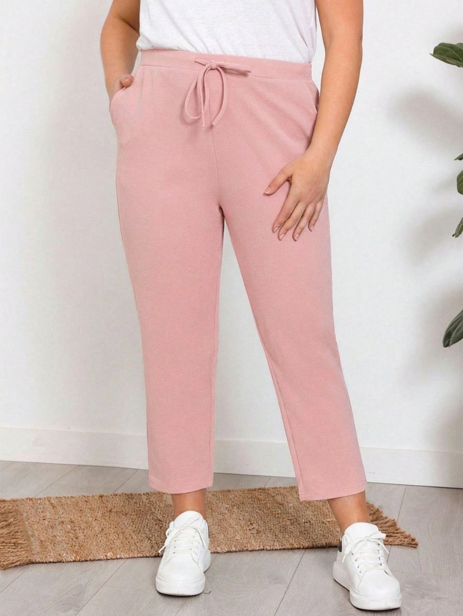 Pantalón Unicolor Con Ajuste En Cintura Plus Size Pantalon Plus Size 10 ZAPRINI Rosa 0XL 