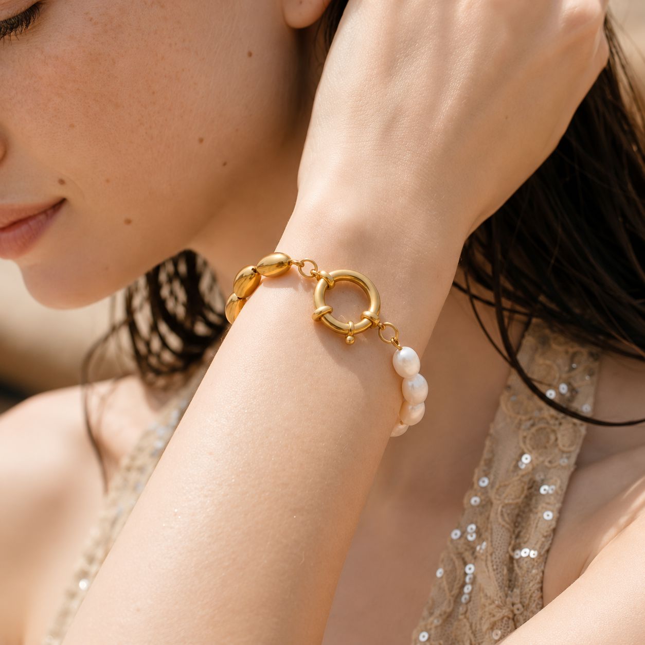 Pulsera De Cadena Con Cuentas De Perlas Naturales Enchapado En Oro 18K Pulsera 11 ZAPRINI 
