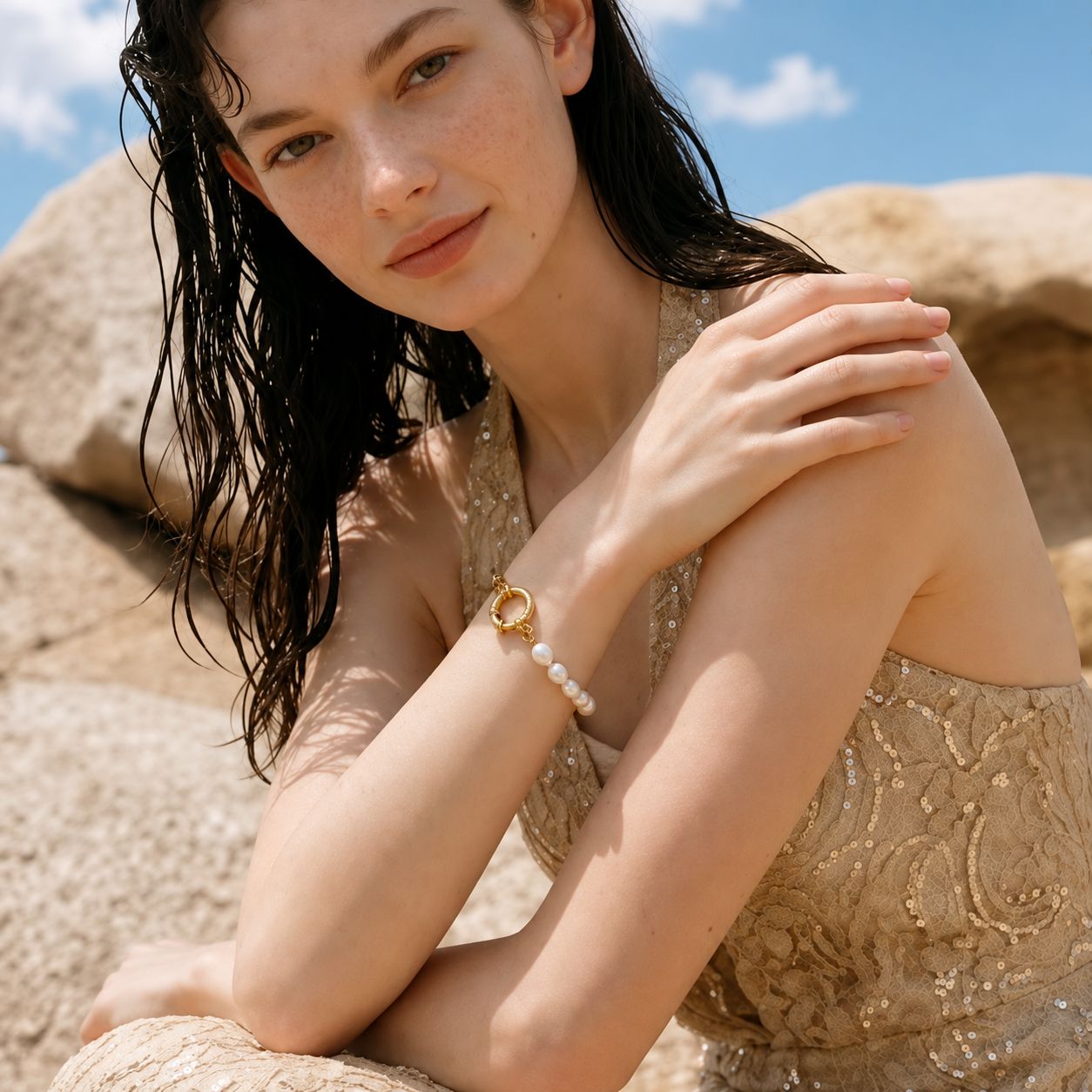 Pulsera De Cadena Con Cuentas De Perlas Naturales Enchapado En Oro 18K Pulsera 11 ZAPRINI 