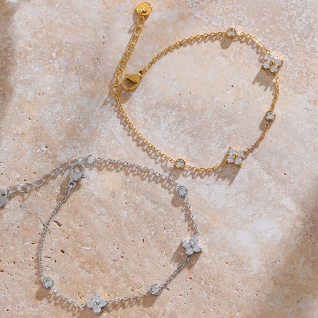 Pulsera Fina Con Cadena De Flores De Circonia Cúbica Enchapado En Oro 18K Pulsera 02 ZAPRINI 