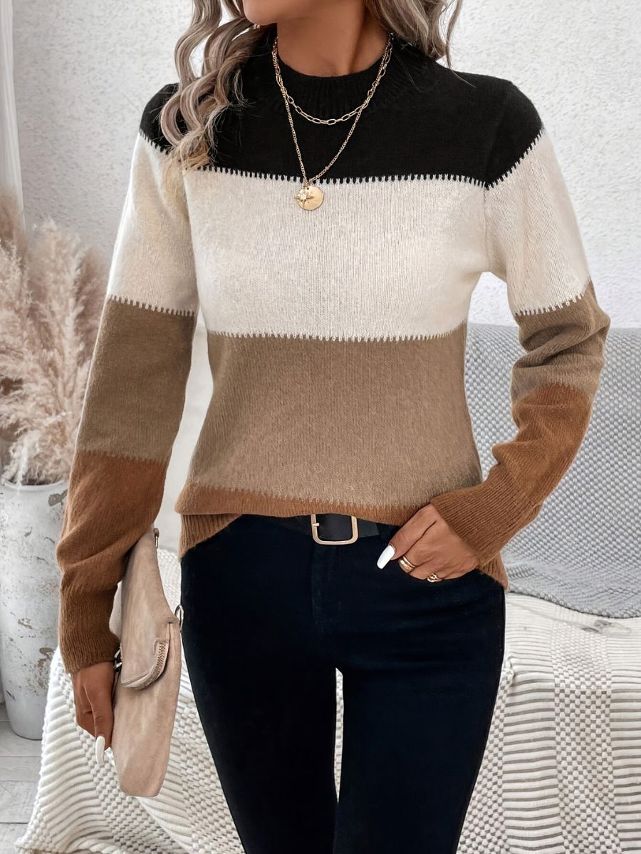 SUÉTER CON BLOQUES DE COLOR Y CUELLO ALTO Sueter 24 ZAPRINI Marrón S 