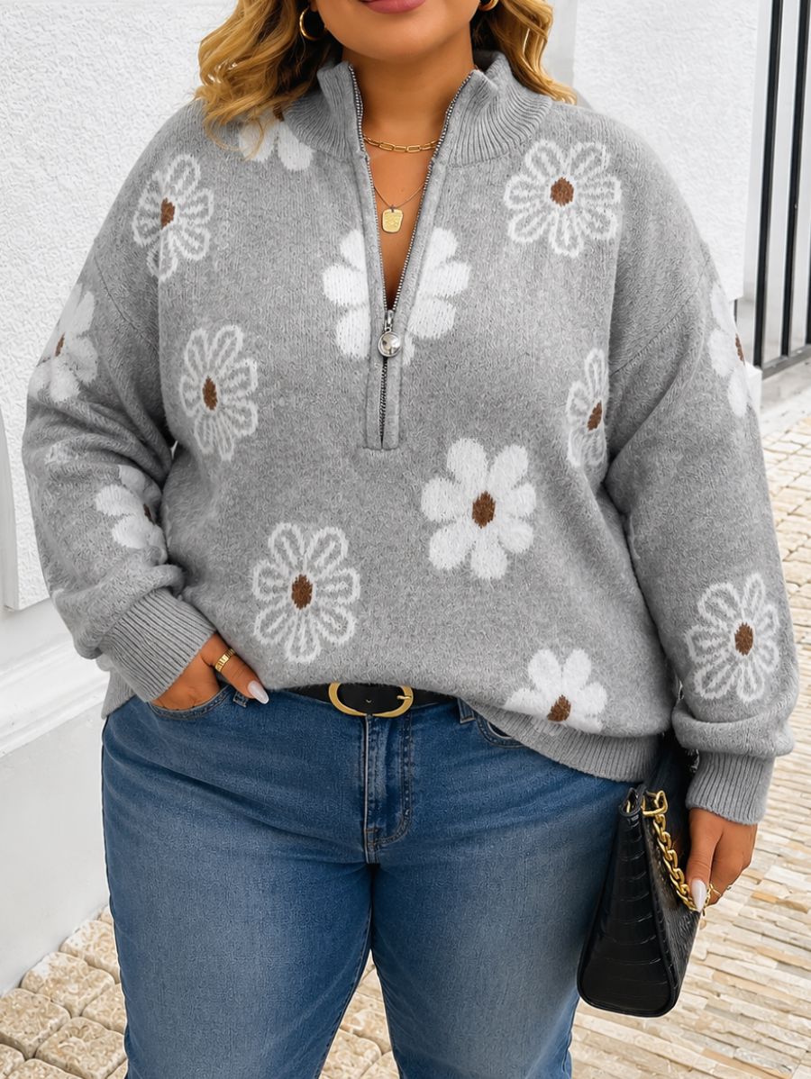 SUÉTER CON ESTAMPADO FLORAL Y CIERRE PLUS SIZE Sueter Plus Size 04 ZAPRINI 
