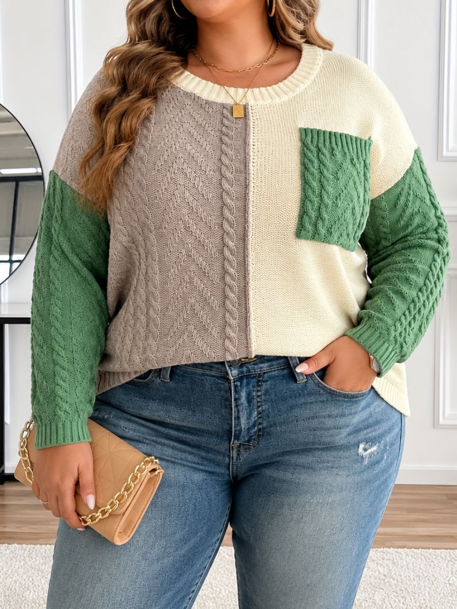 SUÉTER CON TEXTURA Y BLOQUES DE COLOR PLUS SIZE Sueter Plus Size 02 ZAPRINI 
