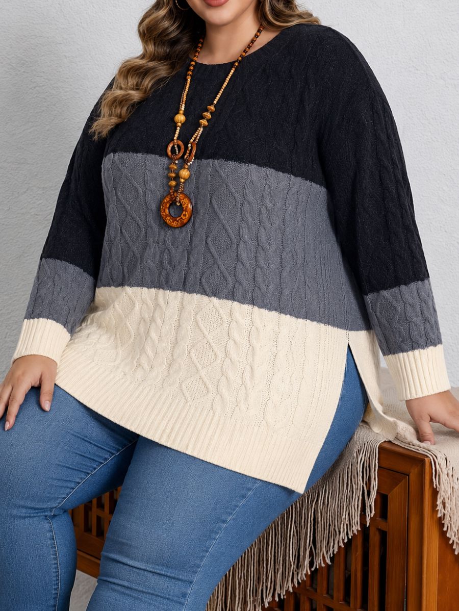SUÉTER HOLGADO CON BLOQUES DE COLOR PLUS SIZE Sueter Plus Size 05 ZAPRINI Beige 1XL 