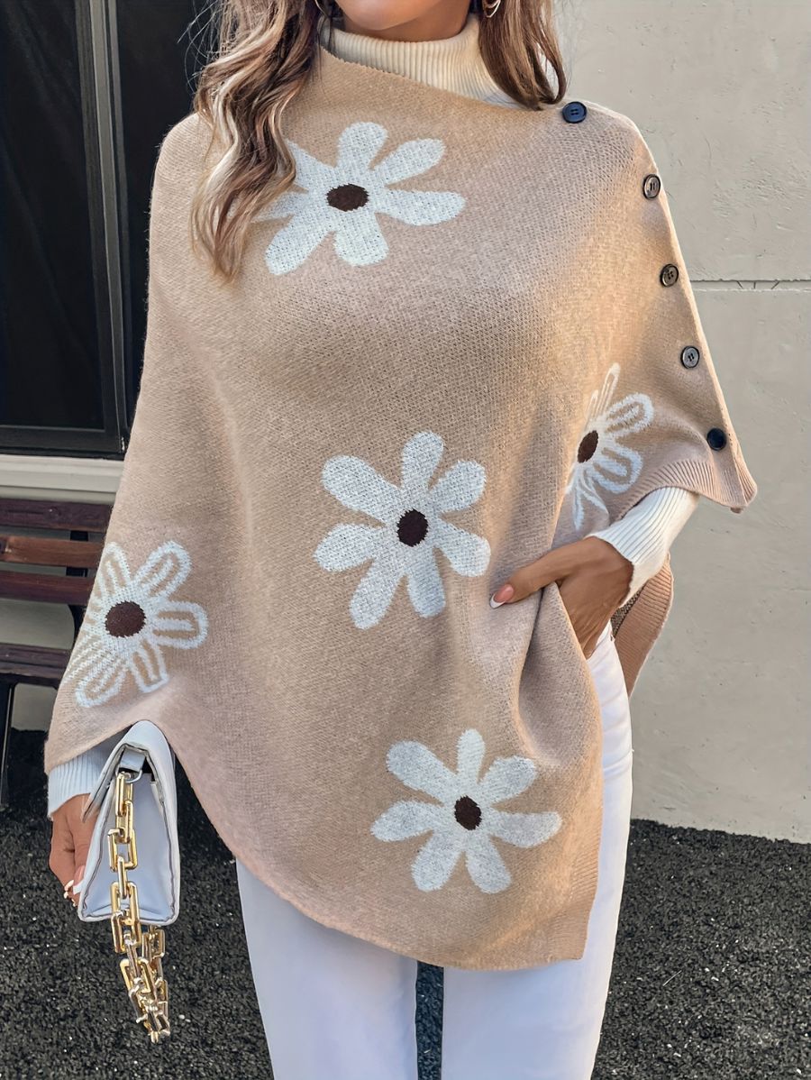 SUÉTER TIPO PONCHO CON FLORES Y BOTONES Sueter 36 ZAPRINI Beige S 