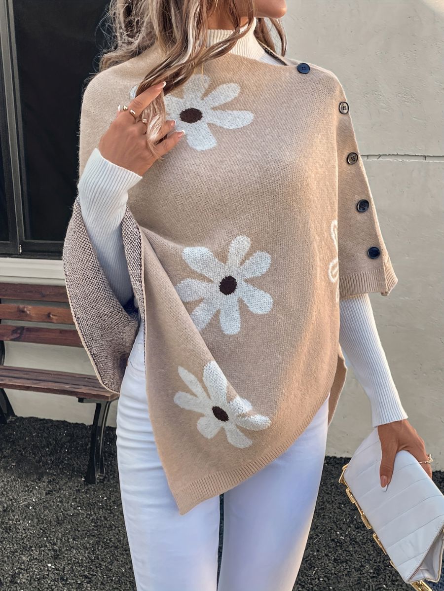 SUÉTER TIPO PONCHO CON FLORES Y BOTONES Sueter 36 ZAPRINI 