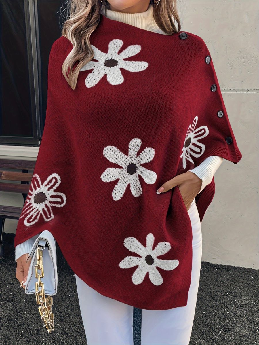 SUÉTER TIPO PONCHO CON FLORES Y BOTONES Sueter 36 ZAPRINI Bordo S 