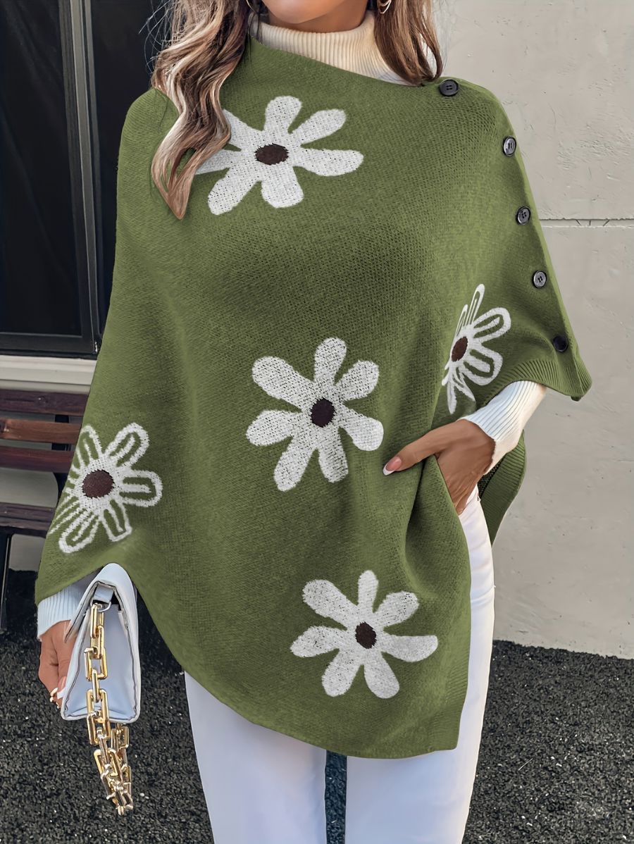 SUÉTER TIPO PONCHO CON FLORES Y BOTONES Sueter 36 ZAPRINI Verde S 