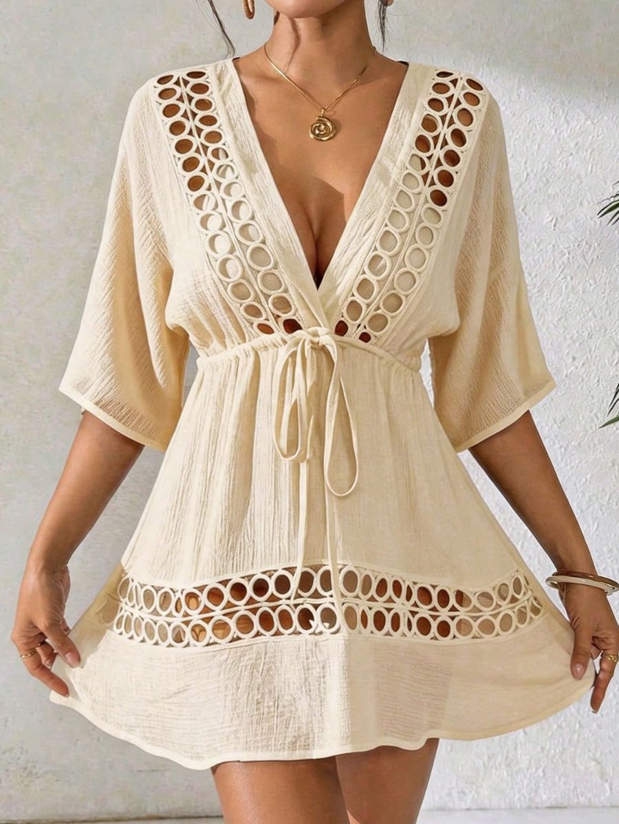 Salida De Playa Con Escote En V y Detalles Salida De Playa 06 ZAPRINI Beige S 