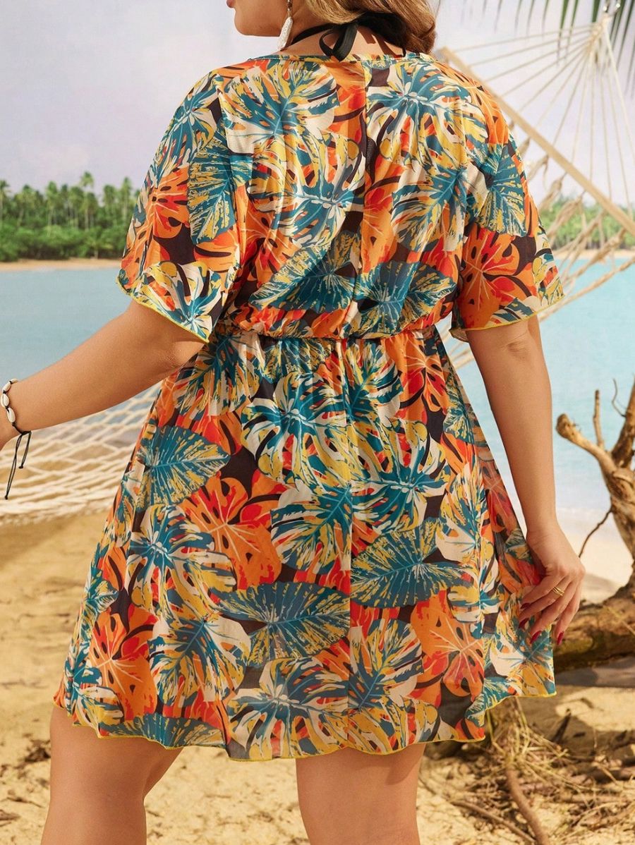Salida De Playa Con Estampado De Hojas Plus Size Salida De Playa Plus Size 02 ZAPRINI 