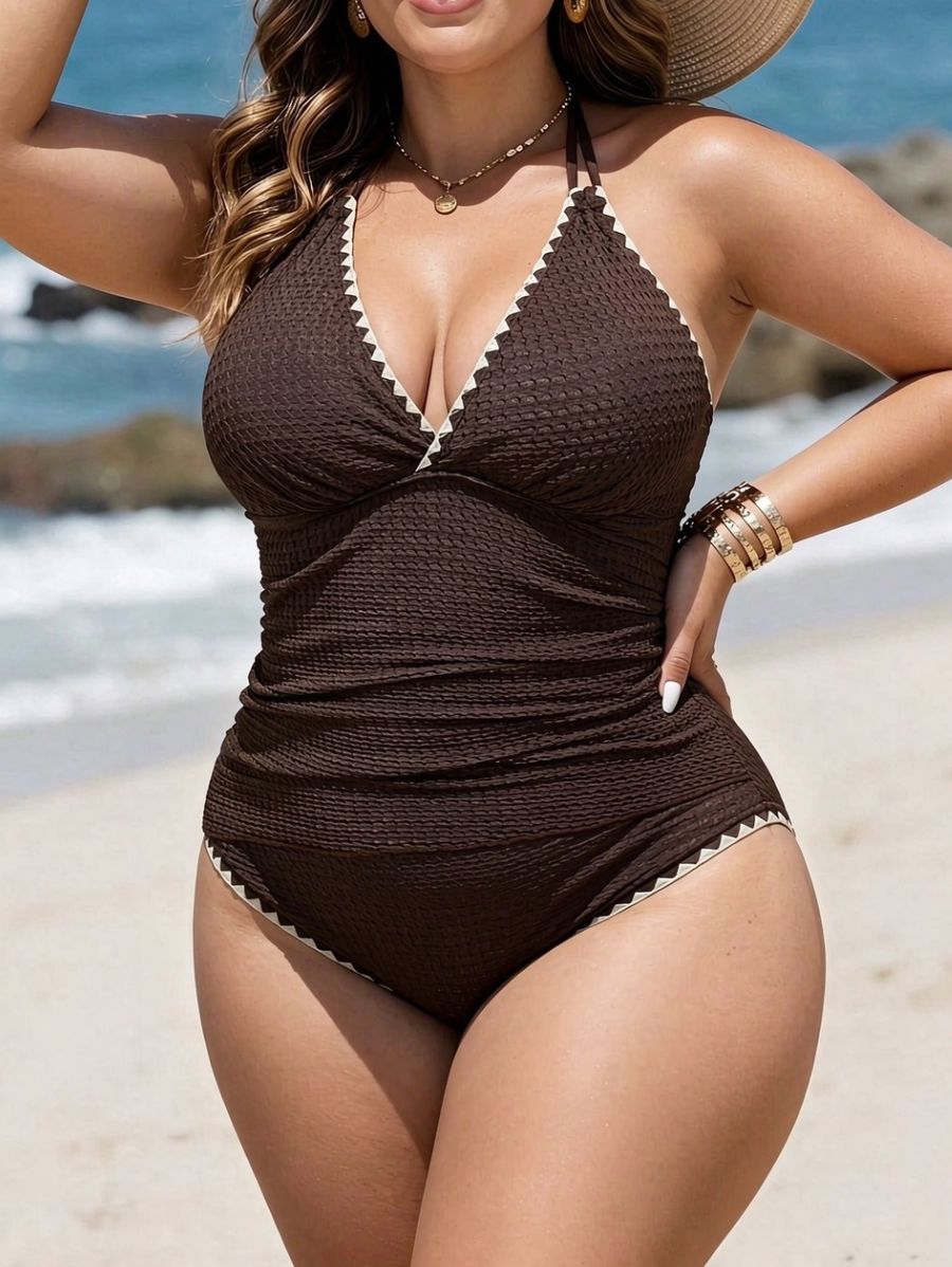 Tankini Con Textura y Ribete Contrastante Plus Size Tankini Plus Size 07 ZAPRINI Marrón 0XL 