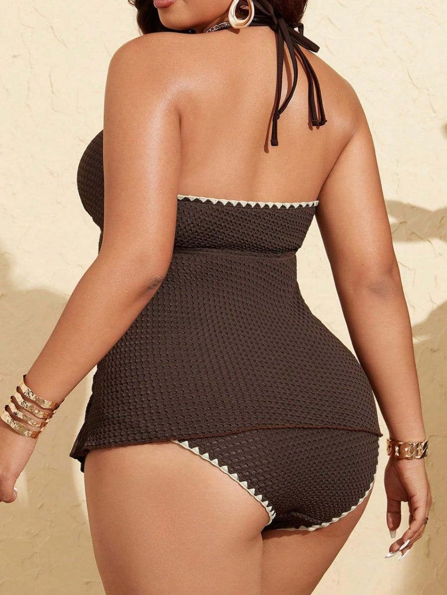 Tankini Con Textura y Ribete Contrastante Plus Size Tankini Plus Size 07 ZAPRINI Marrón 0XL 