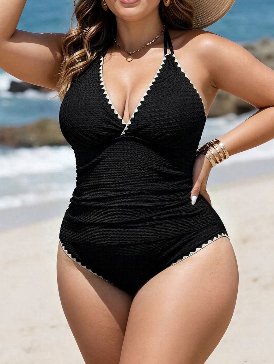 Tankini Con Textura y Ribete Contrastante Plus Size Tankini Plus Size 07 ZAPRINI Negro 0XL 