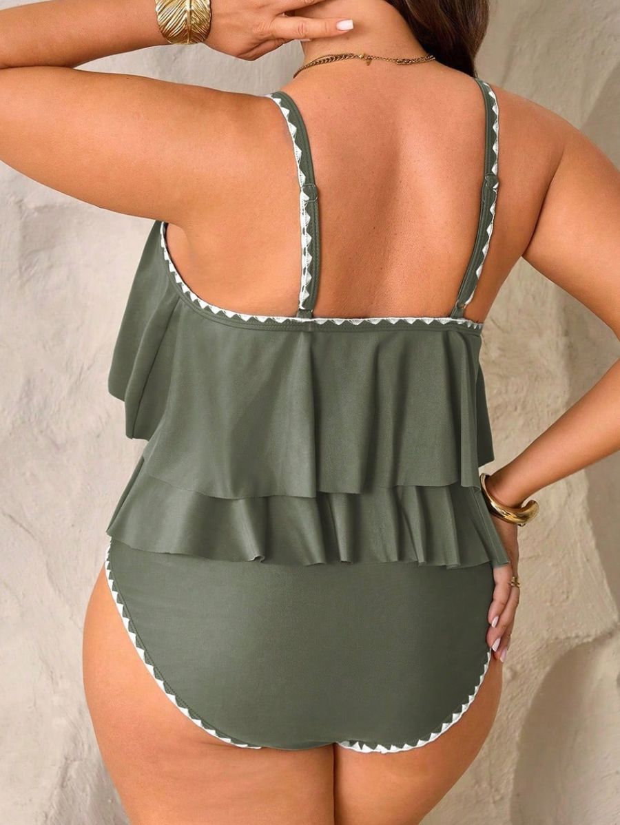 Tankini Con Volantes y Ribete Contrastante Plus Size Tankini Plus Size 02 ZAPRINI Verde 0XL 