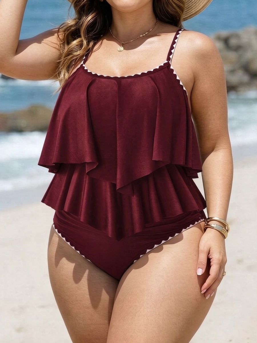Tankini Con Volantes y Ribete Contrastante Plus Size Tankini Plus Size 02 ZAPRINI Bordo 0XL 