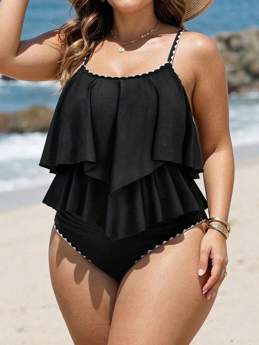 Tankini Con Volantes y Ribete Contrastante Plus Size Tankini Plus Size 02 ZAPRINI Negro 0XL 