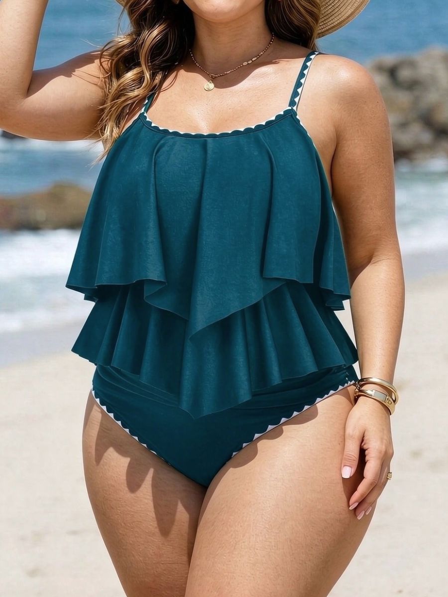 Tankini Con Volantes y Ribete Contrastante Plus Size Tankini Plus Size 02 ZAPRINI Azul 0XL 