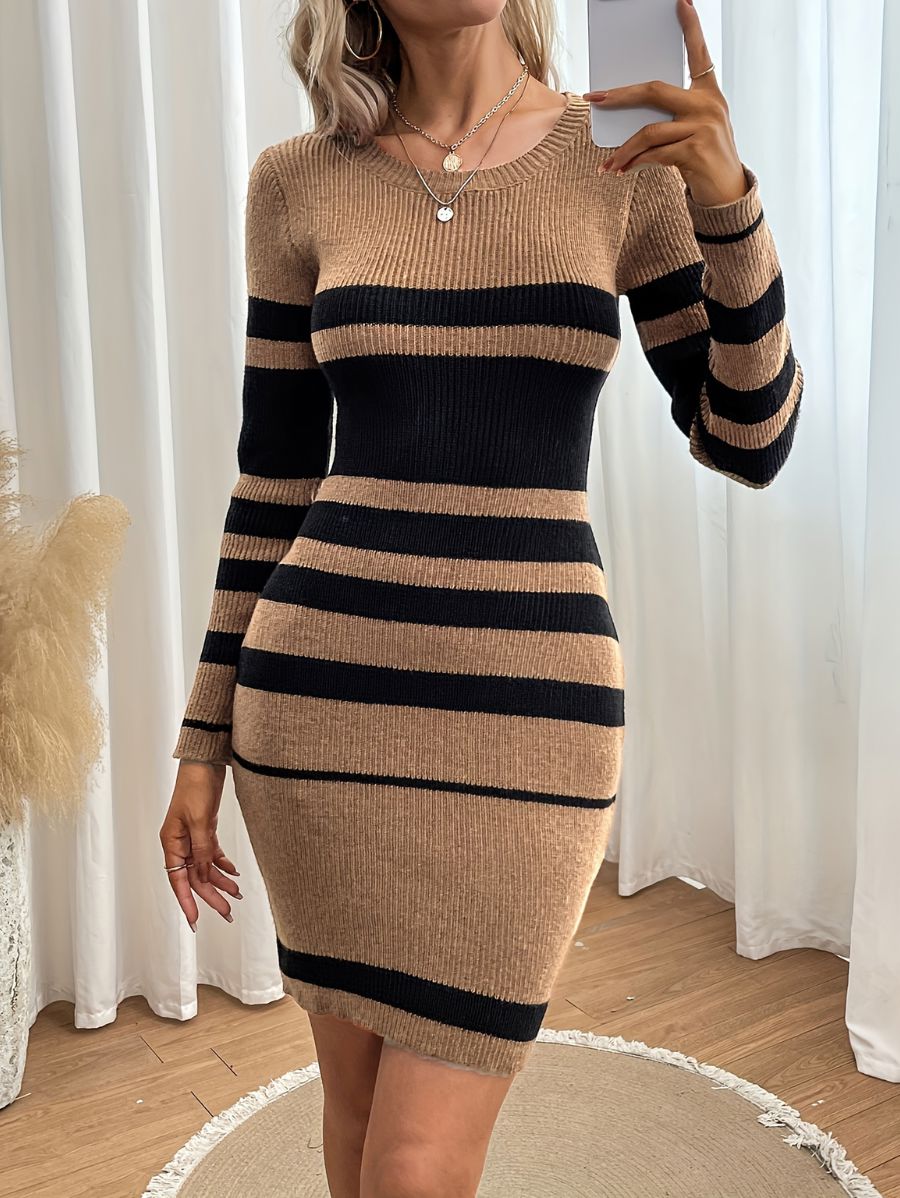 VESTIDO DE PUNTO A RAYAS CONTRASTANTE Vestido 08 ZAPRINI Beige S 