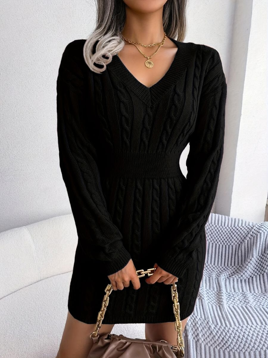 VESTIDO DE PUNTO CON ESCOTE EN V Y AJUSTE EN CINTURA Vestido 05 ZAPRINI Negro S 