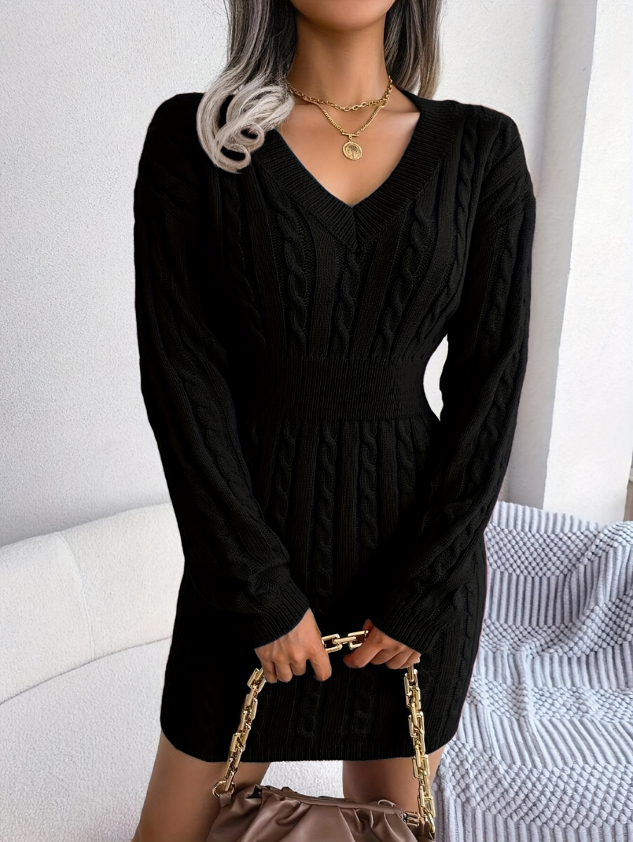 VESTIDO DE PUNTO CON ESCOTE EN V Y AJUSTE EN CINTURA