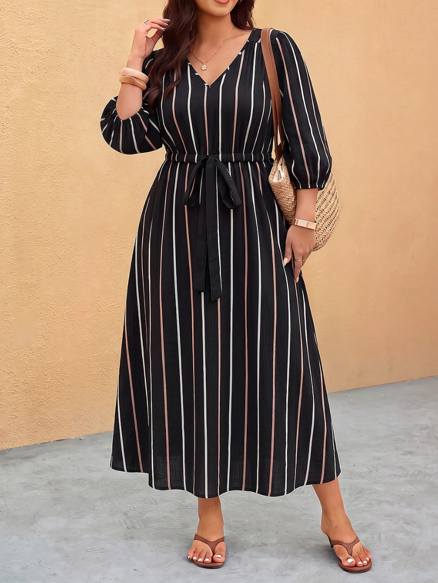 Vestido A Rayas Con Escote En V Plus Size