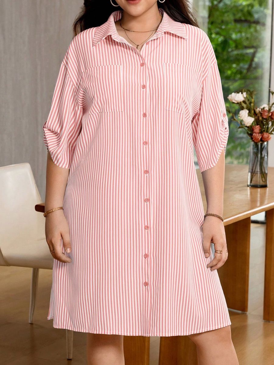 Vestido Camisa A Rayas Plus Size Vestido Plus Size 09 ZAPRINI Rosa 0XL 