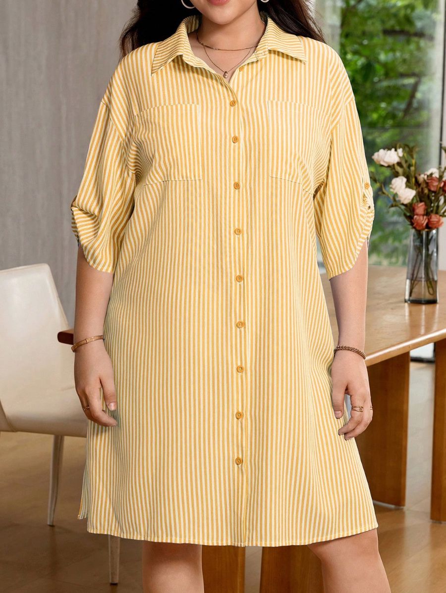 Vestido Camisa A Rayas Plus Size Vestido Plus Size 09 ZAPRINI Amarillo 0XL 