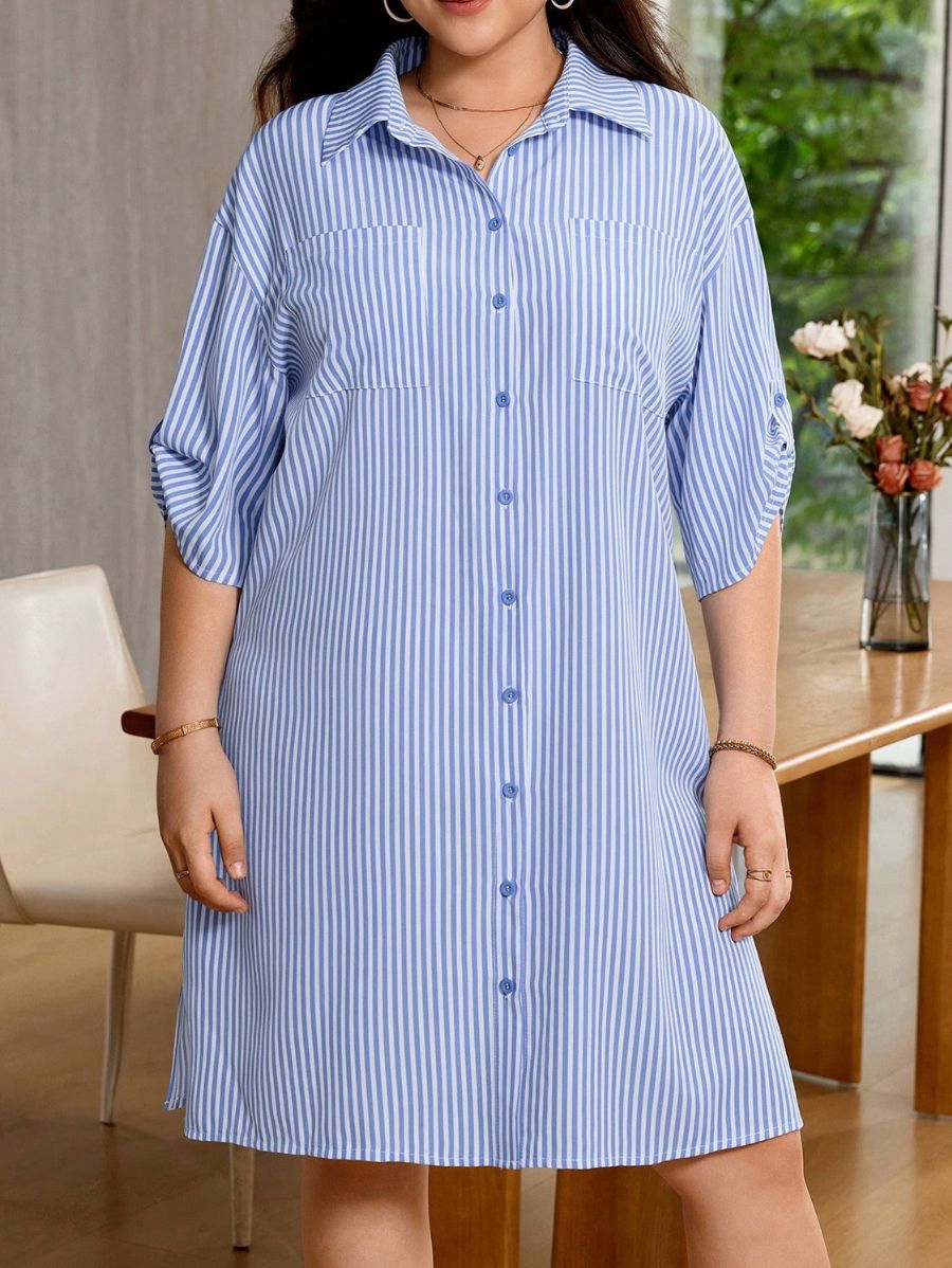 Vestido Camisa A Rayas Plus Size Vestido Plus Size 09 ZAPRINI Azul 0XL 