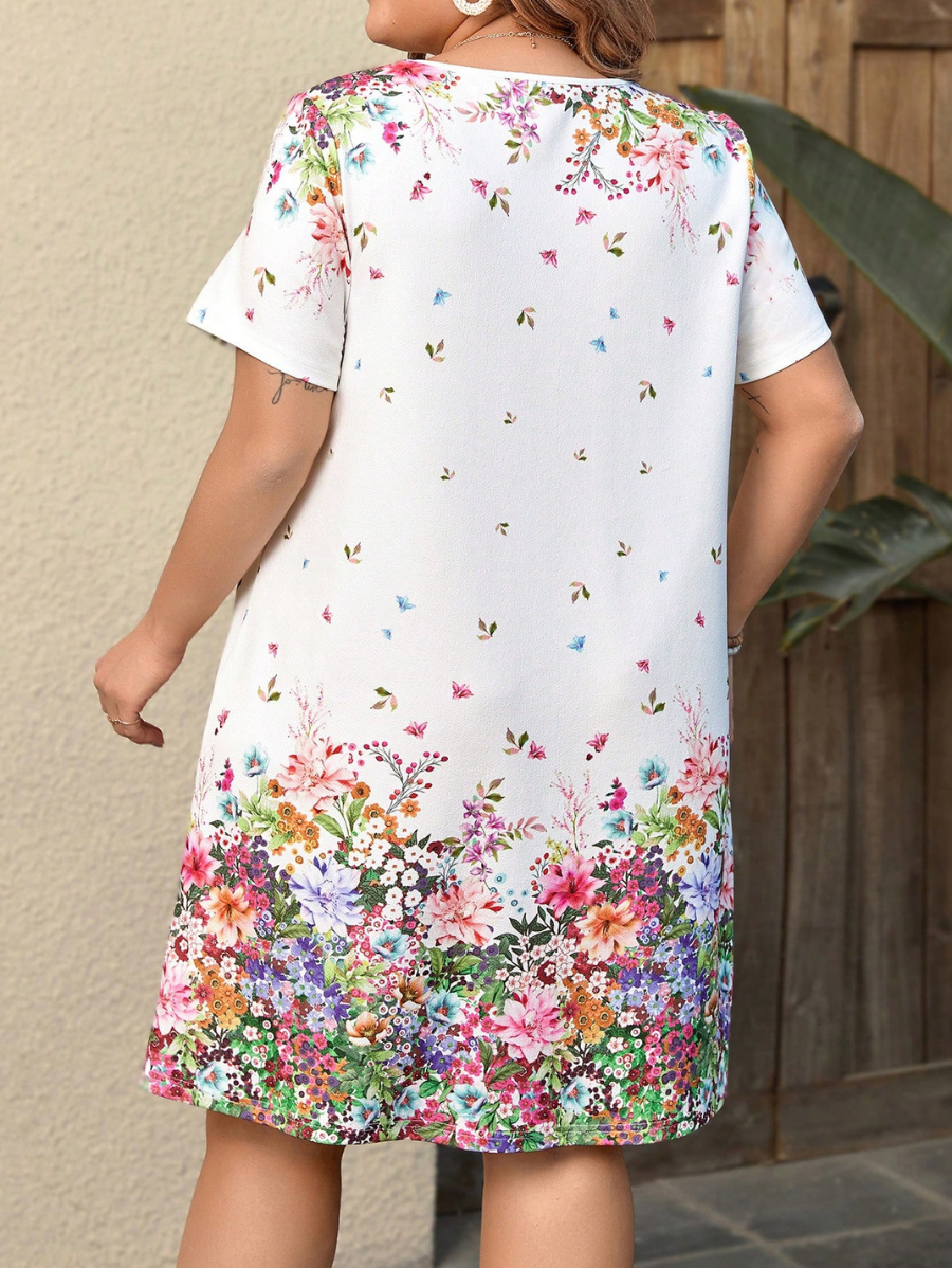 Vestido Con Escote En V y Estampado Floral Plus Size