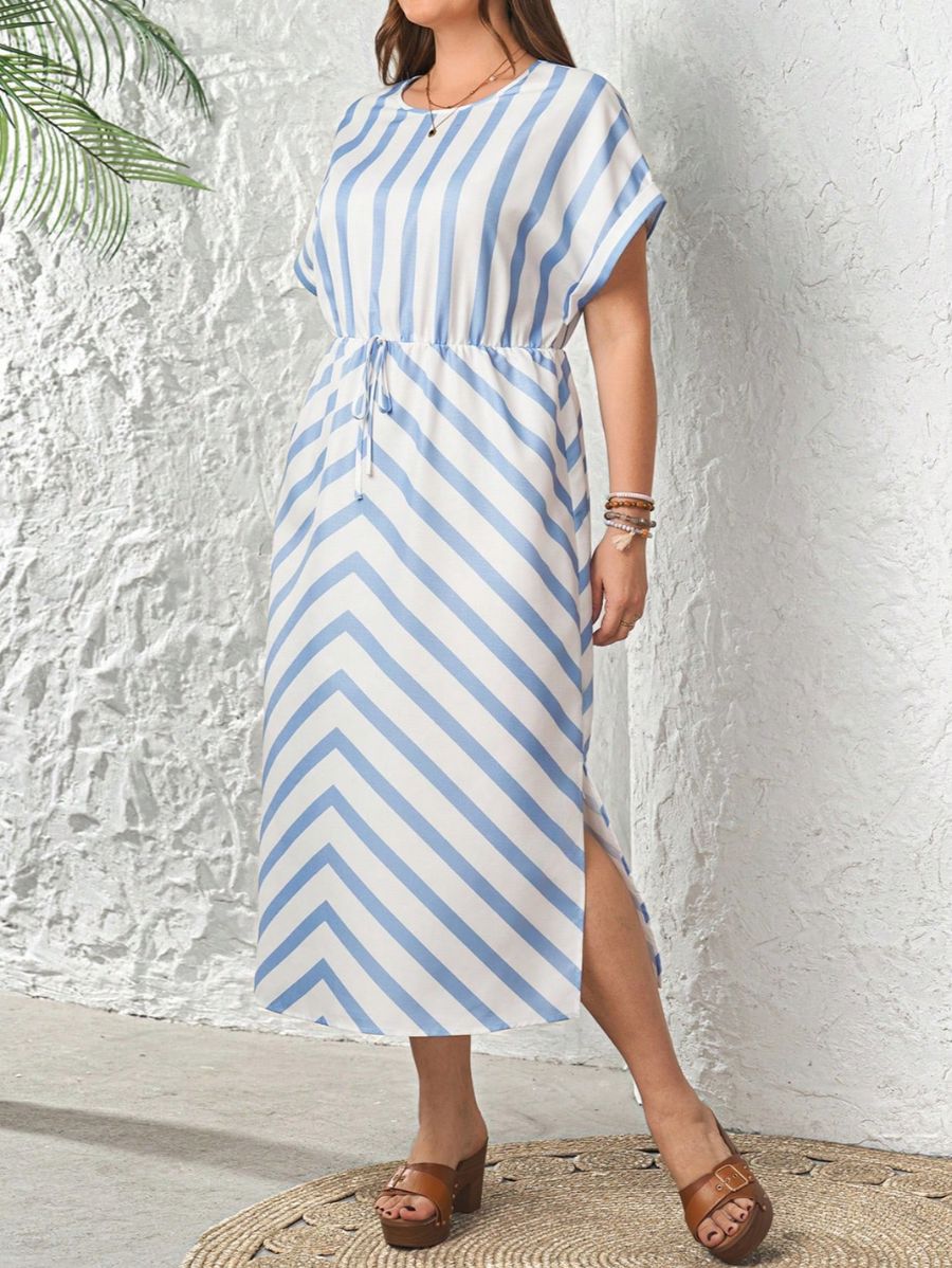 Vestido Con Estampado A Rayas y Ajuste En Cintura Plus Size Vestido Plus Size 08 ZAPRINI 