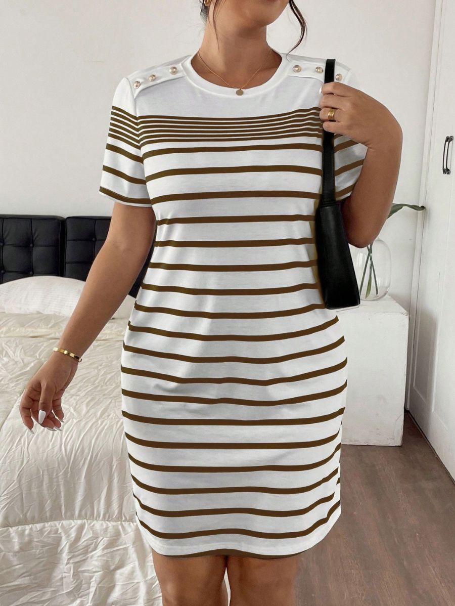 Vestido Corto A Rayas Con Detalle De Botones Plus Size Vestido Plus Size 16 ZAPRINI Marrón 0XL 