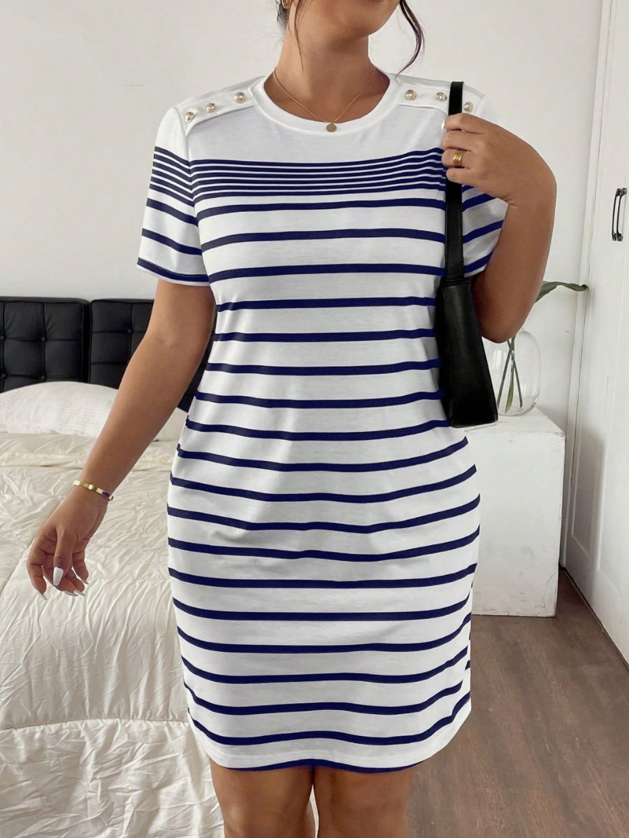 Vestido Corto A Rayas Con Detalle De Botones Plus Size Vestido Plus Size 16 ZAPRINI Azul 0XL 