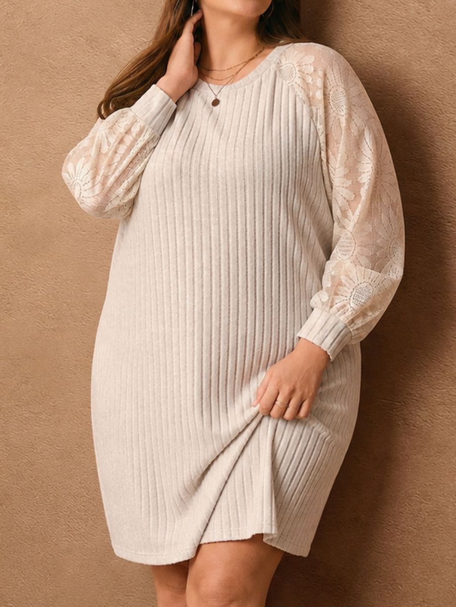 Vestido Corto Con Mangas De Encaje Plus Size Vestido Plus Size 03 ZAPRINI Beige 0XL 