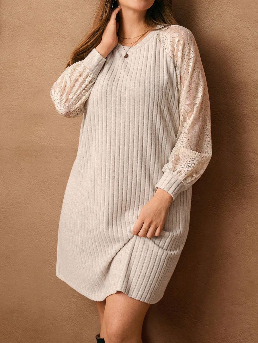 Vestido Corto Con Mangas De Encaje Plus Size Vestido Plus Size 03 ZAPRINI Beige 0XL 