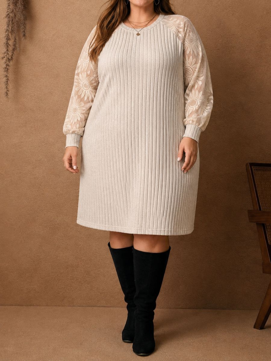 Vestido Corto Con Mangas De Encaje Plus Size Vestido Plus Size 03 ZAPRINI 