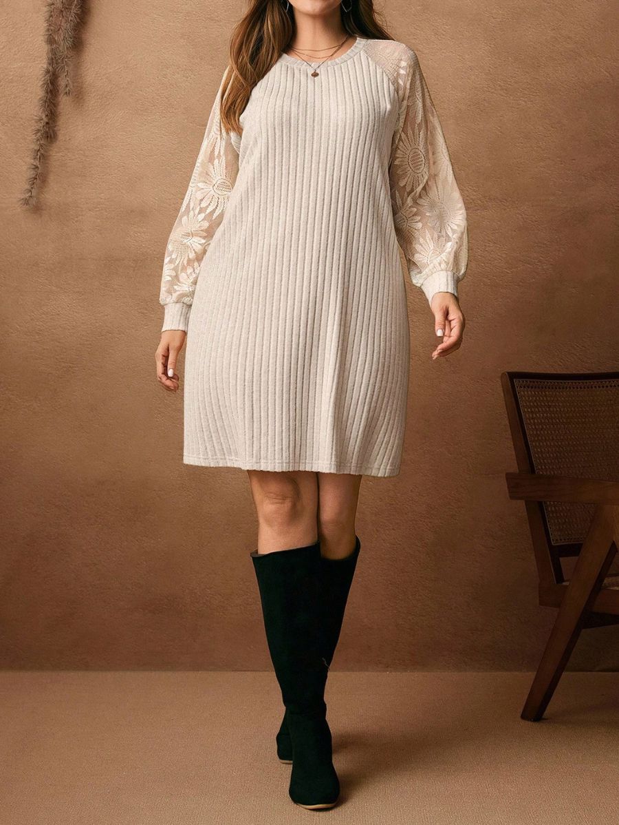 Vestido Corto Con Mangas De Encaje Plus Size Vestido Plus Size 03 ZAPRINI 