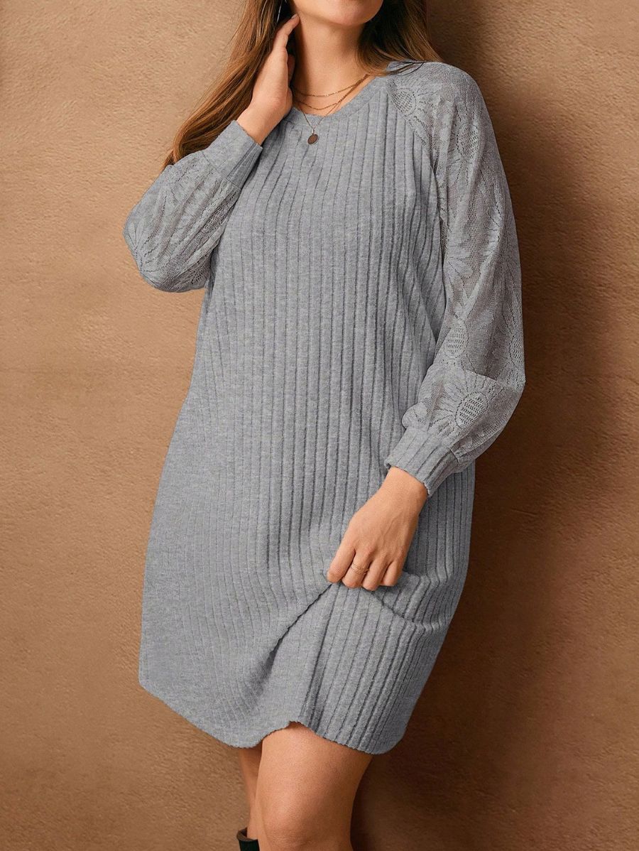 Vestido Corto Con Mangas De Encaje Plus Size Vestido Plus Size 03 ZAPRINI Gris 0XL 
