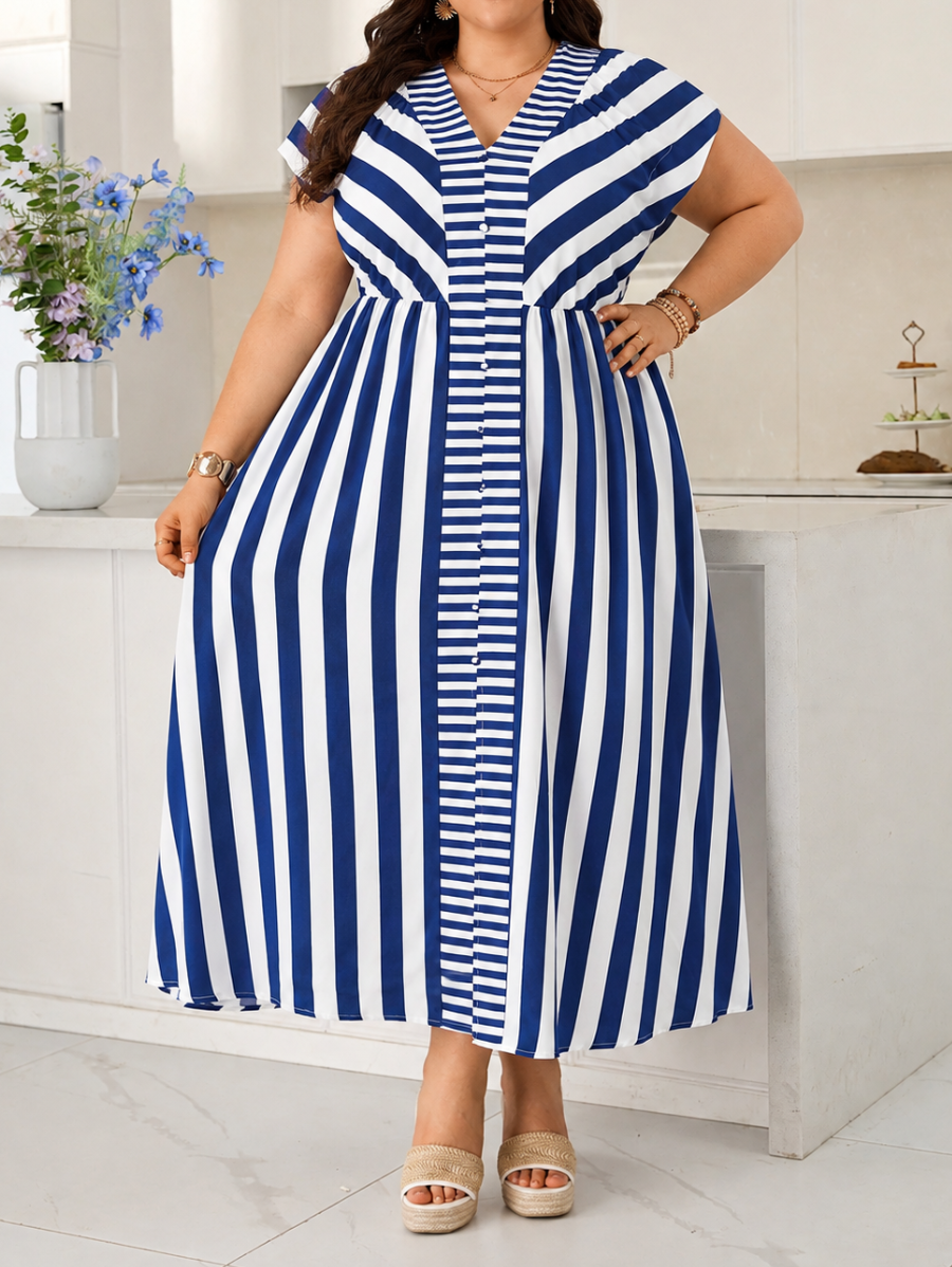 Vestido Largo A Rayas Manga Corta Plus Size