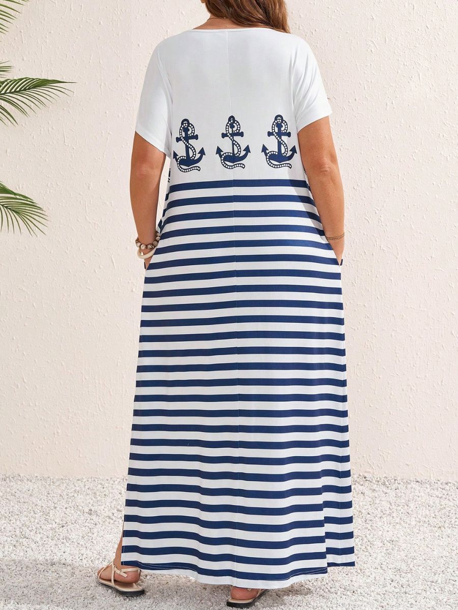 Vestido Largo A Rayas Manga Corta Plus Size Vestido Plus Size 10 ZAPRINI 