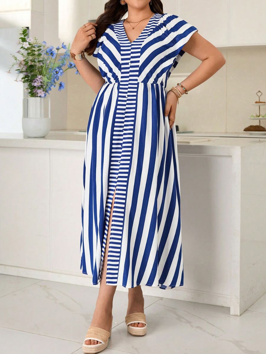 Vestido Largo A Rayas Manga Corta Plus Size Vestido Plus Size 04 ZAPRINI 