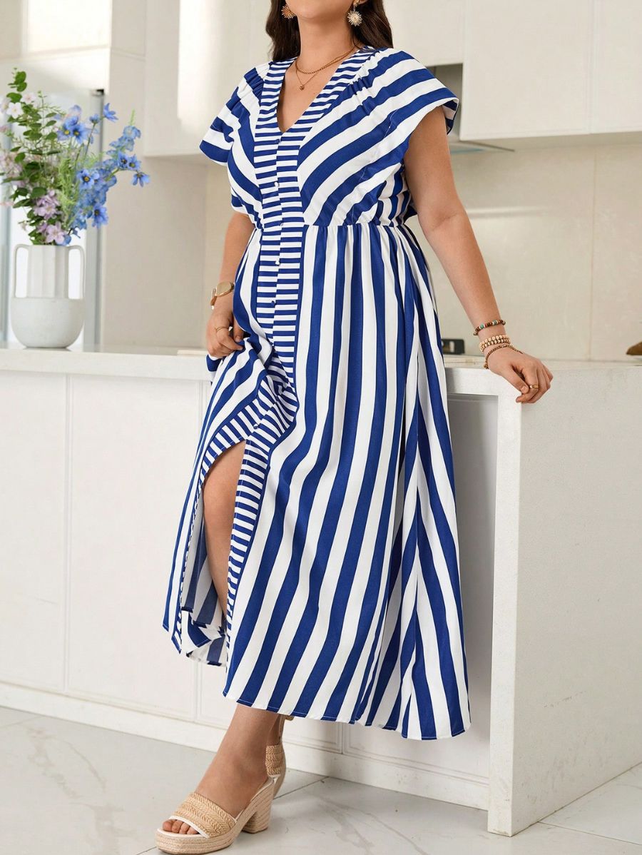Vestido Largo A Rayas Manga Corta Plus Size Vestido Plus Size 04 ZAPRINI 